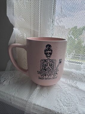 Pink Ceramic Coffee Mug with Skeleton 'Death Before Decaf' Design